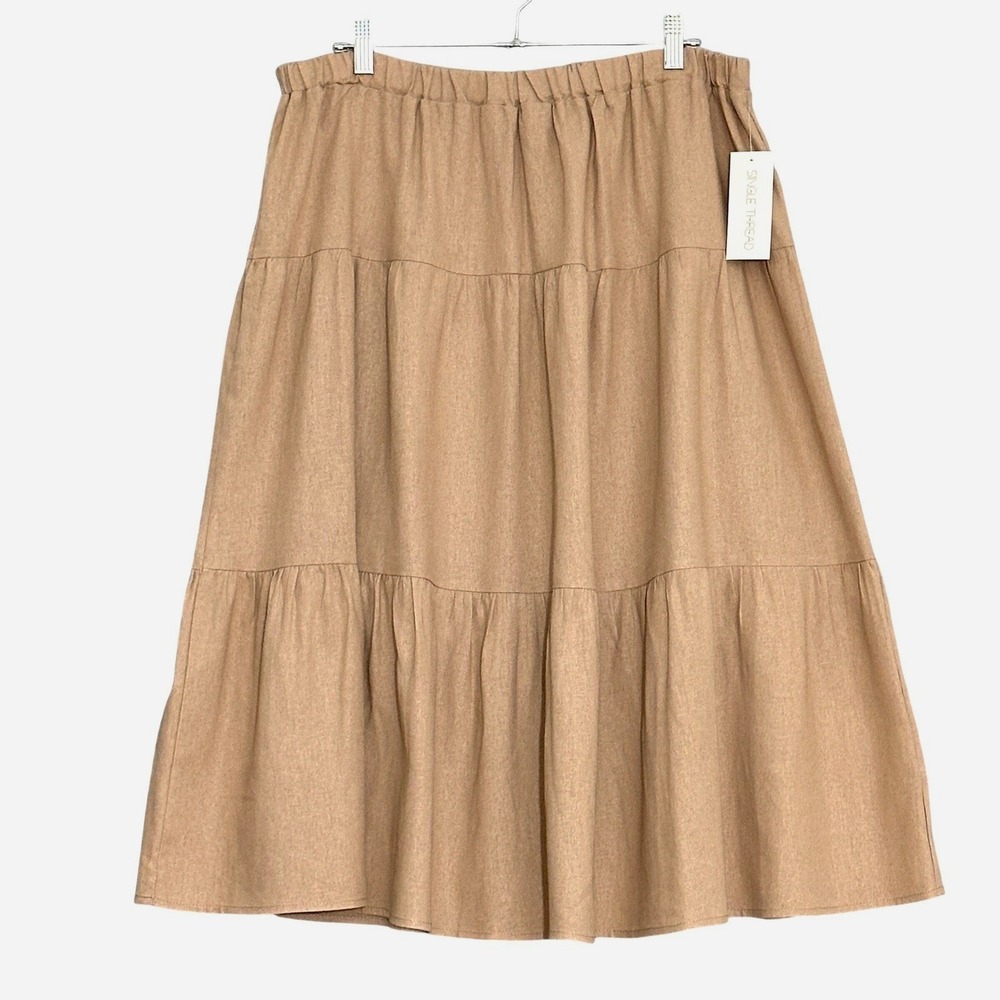 Single Thread Womens Skirt XLBeige Tan Linen Blend Tiered Midi Boho Peasant